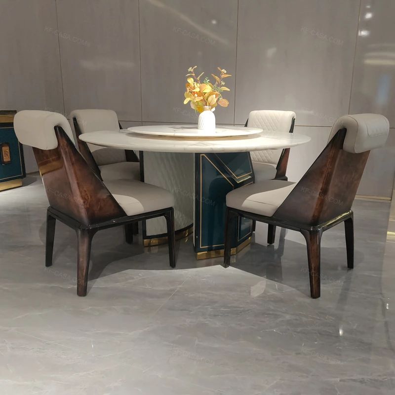 White Marble Round Dining Table with Teal & Gold Stainless Steel Accents